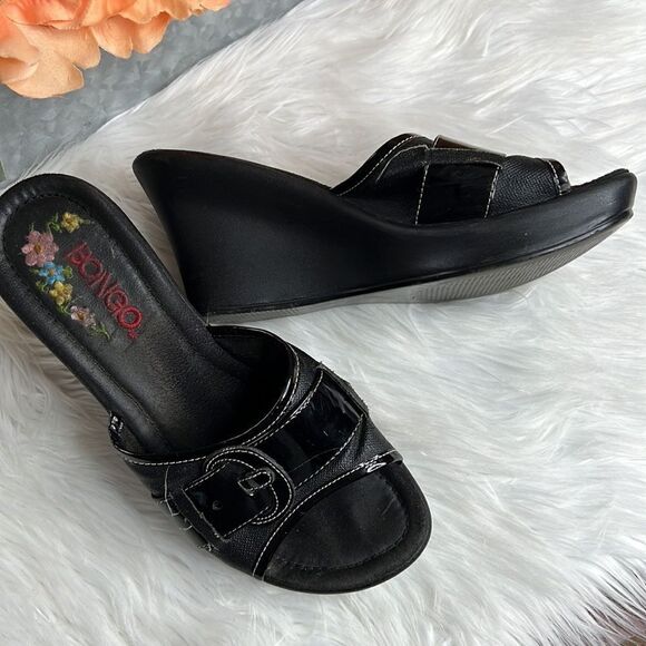 Bongo Black Buckle Wedge Sandals Heels Size 6.5 - Picture 2 of 9